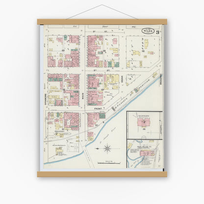 Old map wall art mockup — magnetic wood frame on white wall — Sanborn Fire Insurance Map from Niles, Berrien County, Michigan (1889), Sheet #0003