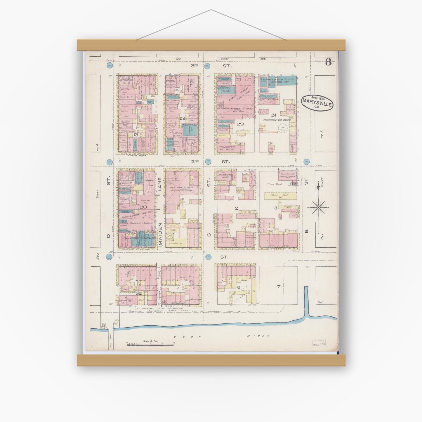 Old map wall art mockup — magnetic wood frame on white wall — Sanborn Fire Insurance Map from Marysville, Yuba County, California (1885), Sheet #0008