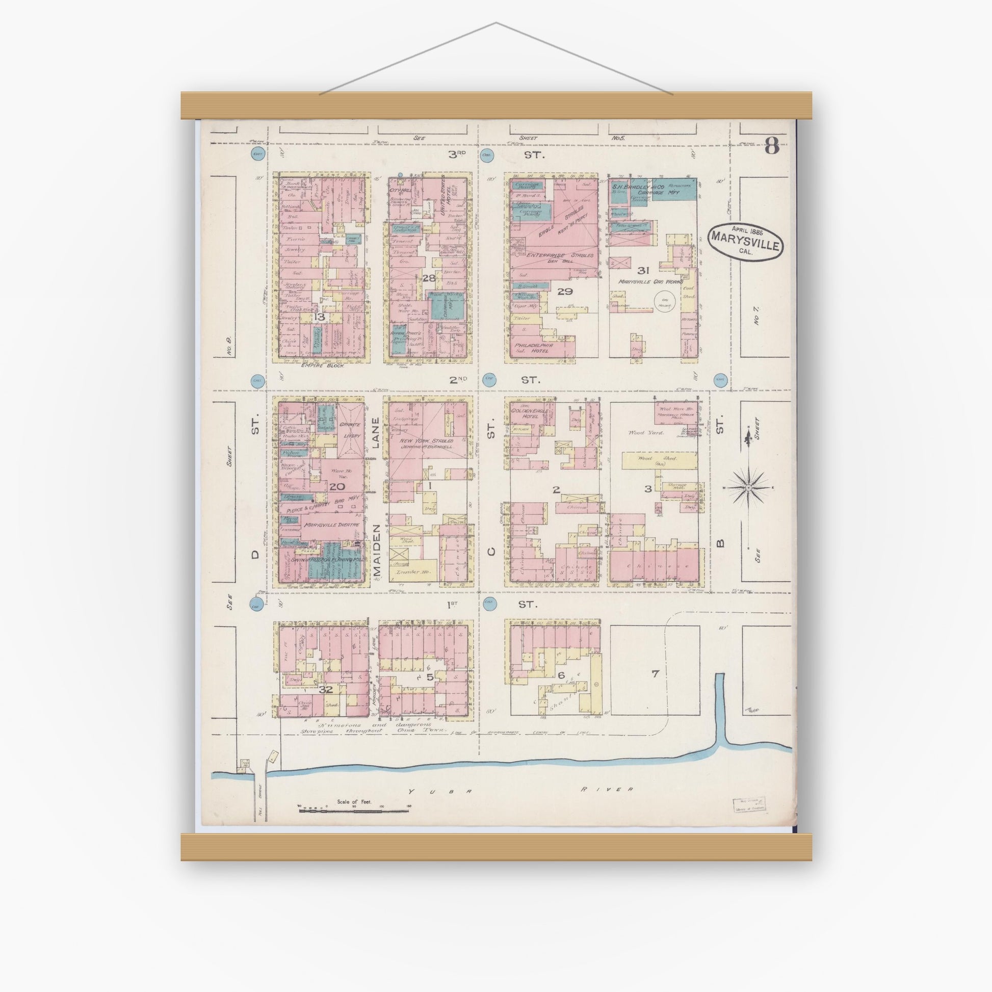 Old map wall art mockup — magnetic wood frame on white wall — Sanborn Fire Insurance Map from Marysville, Yuba County, California (1885), Sheet #0008