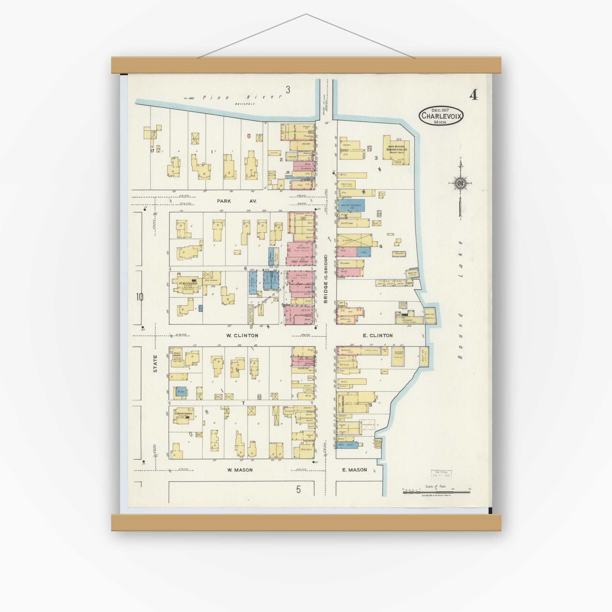 Old map wall art mockup — magnetic wood frame on white wall — Sanborn Fire Insurance Map from Charlevoix, Charlevoix County, Michigan (1917), Sheet #0004