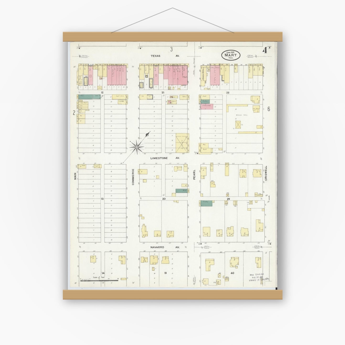Old map wall art mockup — magnetic wood frame on white wall — Sanborn Fire Insurance Map from Mart, McLennan County, Texas (1909), Sheet #0004