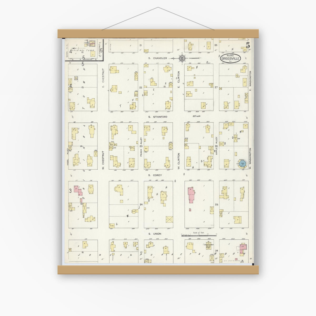 Old map wall art mockup — magnetic wood frame on white wall — Sanborn Fire Insurance Map from Griggsville, Pike County, Illinois (1913), Sheet #0005
