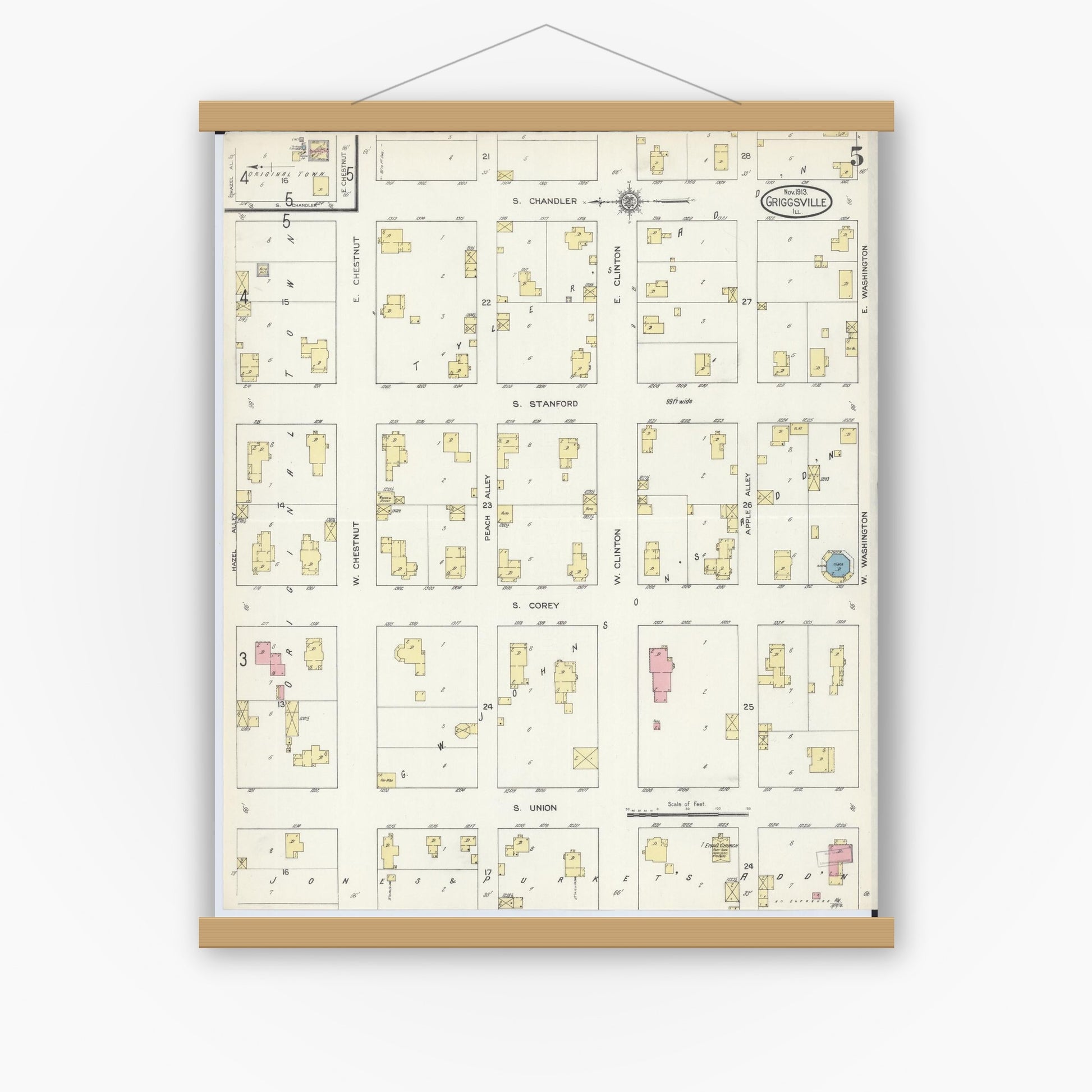 Old map wall art mockup — magnetic wood frame on white wall — Sanborn Fire Insurance Map from Griggsville, Pike County, Illinois (1913), Sheet #0005