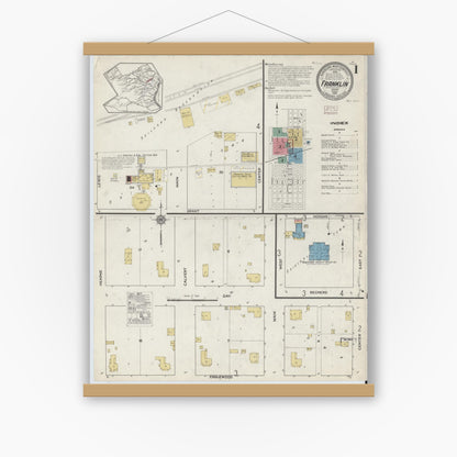 Old map wall art mockup — magnetic wood frame on white wall — Sanborn Fire Insurance Map from Franklin, Robertson County, Texas (1916), Sheet #0001