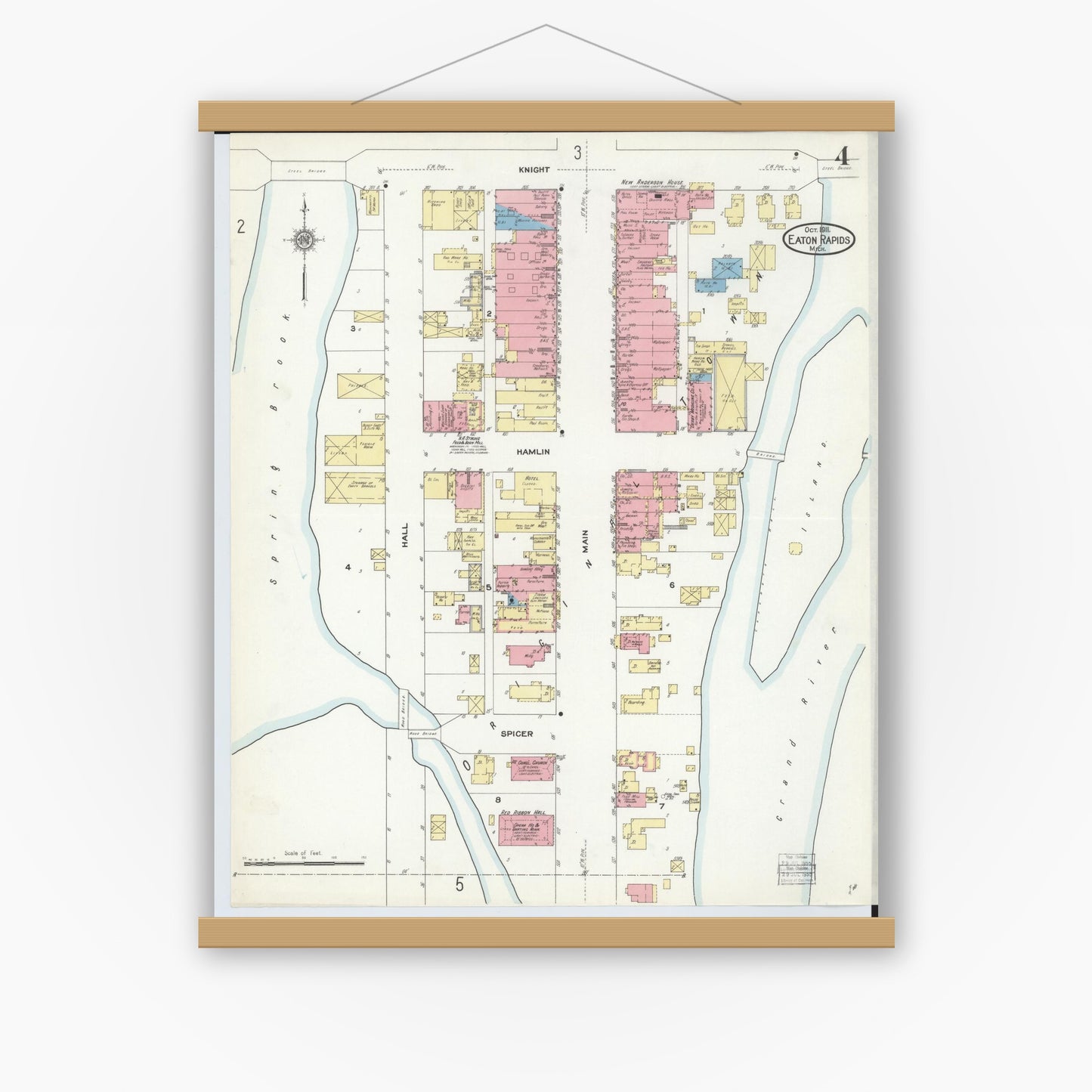Old map wall art mockup — magnetic wood frame on white wall — Sanborn Fire Insurance Map from Eaton Rapids, Eaton County, Michigan (1911), Sheet #0004
