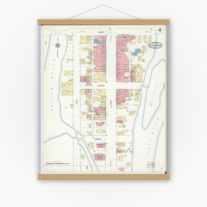 Old map wall art mockup — magnetic wood frame on white wall — Sanborn Fire Insurance Map from Eaton Rapids, Eaton County, Michigan (1911), Sheet #0004