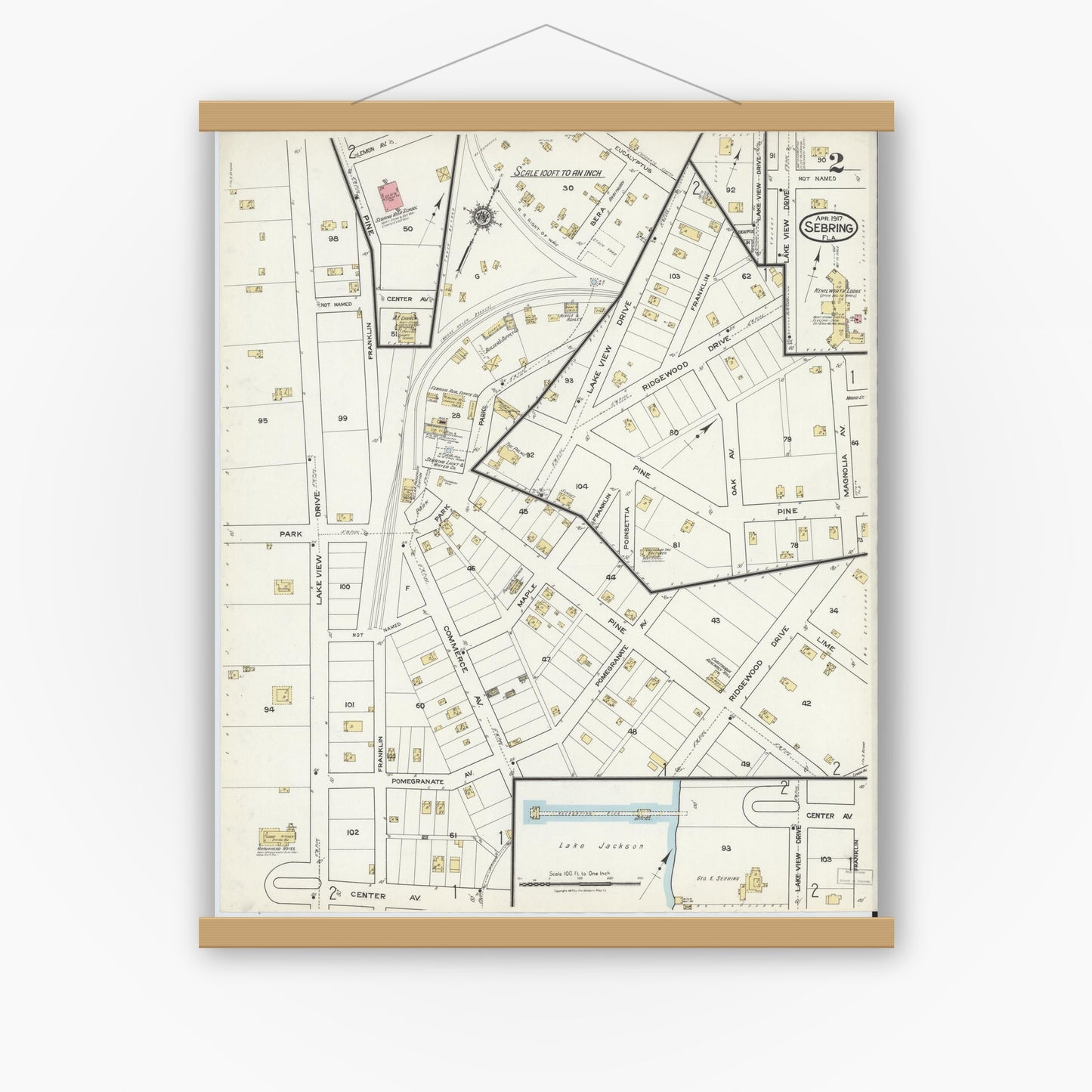 Old map wall art mockup — magnetic wood frame on white wall — Sanborn Fire Insurance Map from Sebring, Highlands County, Florida (1917), Sheet #0002