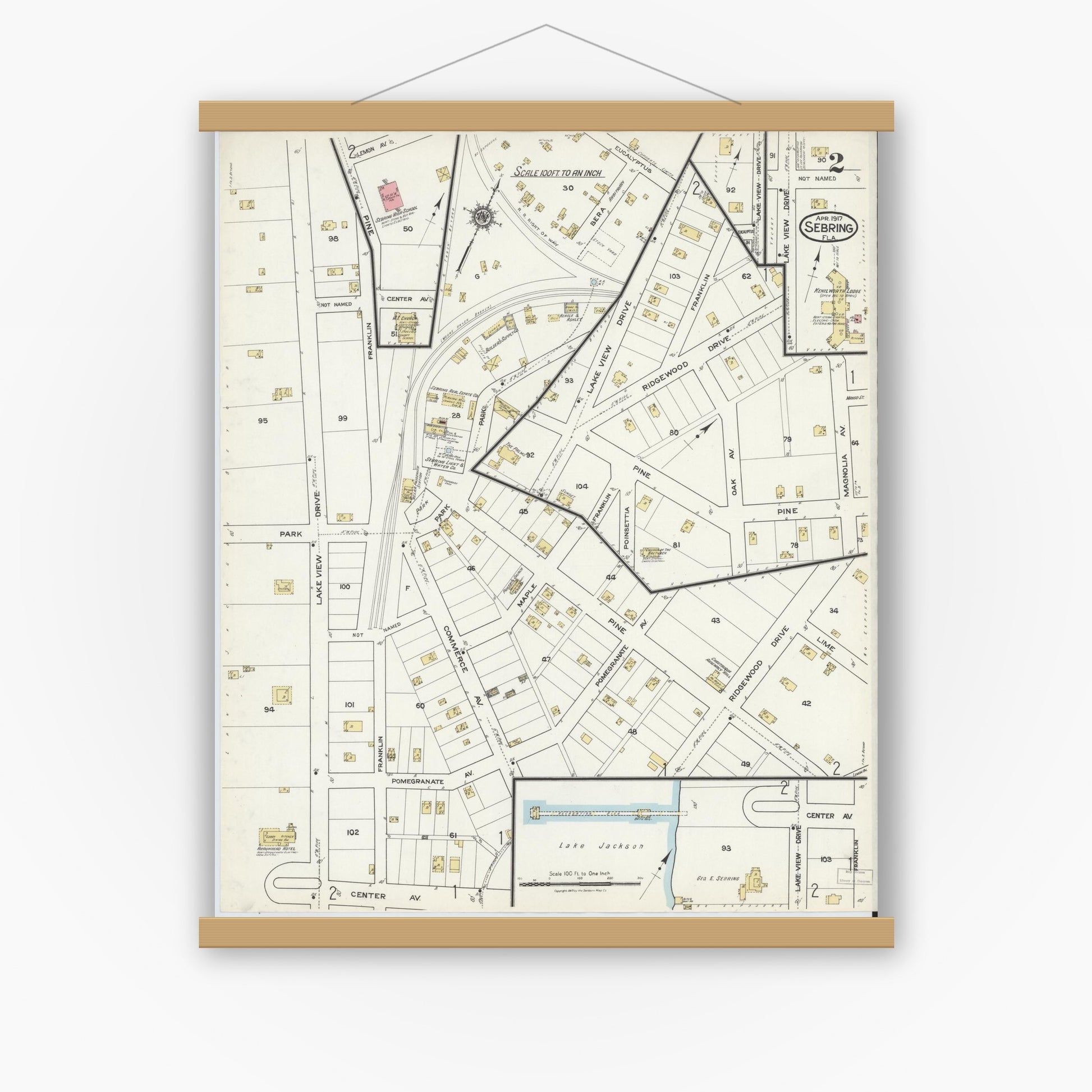Old map wall art mockup — magnetic wood frame on white wall — Sanborn Fire Insurance Map from Sebring, Highlands County, Florida (1917), Sheet #0002