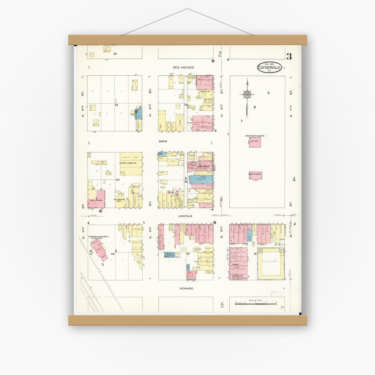 Old map wall art mockup — magnetic wood frame on white wall — Sanborn Fire Insurance Map from Estherville, Emmet County, Iowa (1913), Sheet #0003