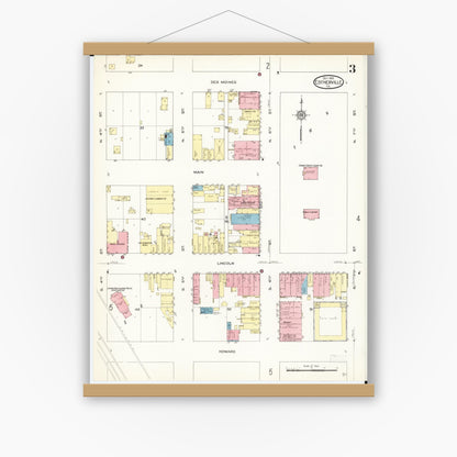 Old map wall art mockup — magnetic wood frame on white wall — Sanborn Fire Insurance Map from Estherville, Emmet County, Iowa (1913), Sheet #0003