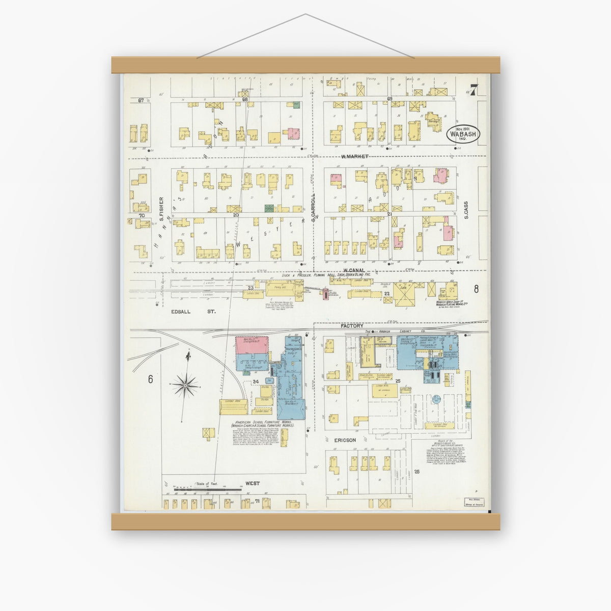 Old map wall art mockup — magnetic wood frame on white wall — Sanborn Fire Insurance Map from Wabash, Wabash County, Indiana (1901), Sheet #0007