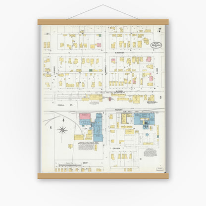 Old map wall art mockup — magnetic wood frame on white wall — Sanborn Fire Insurance Map from Wabash, Wabash County, Indiana (1901), Sheet #0007