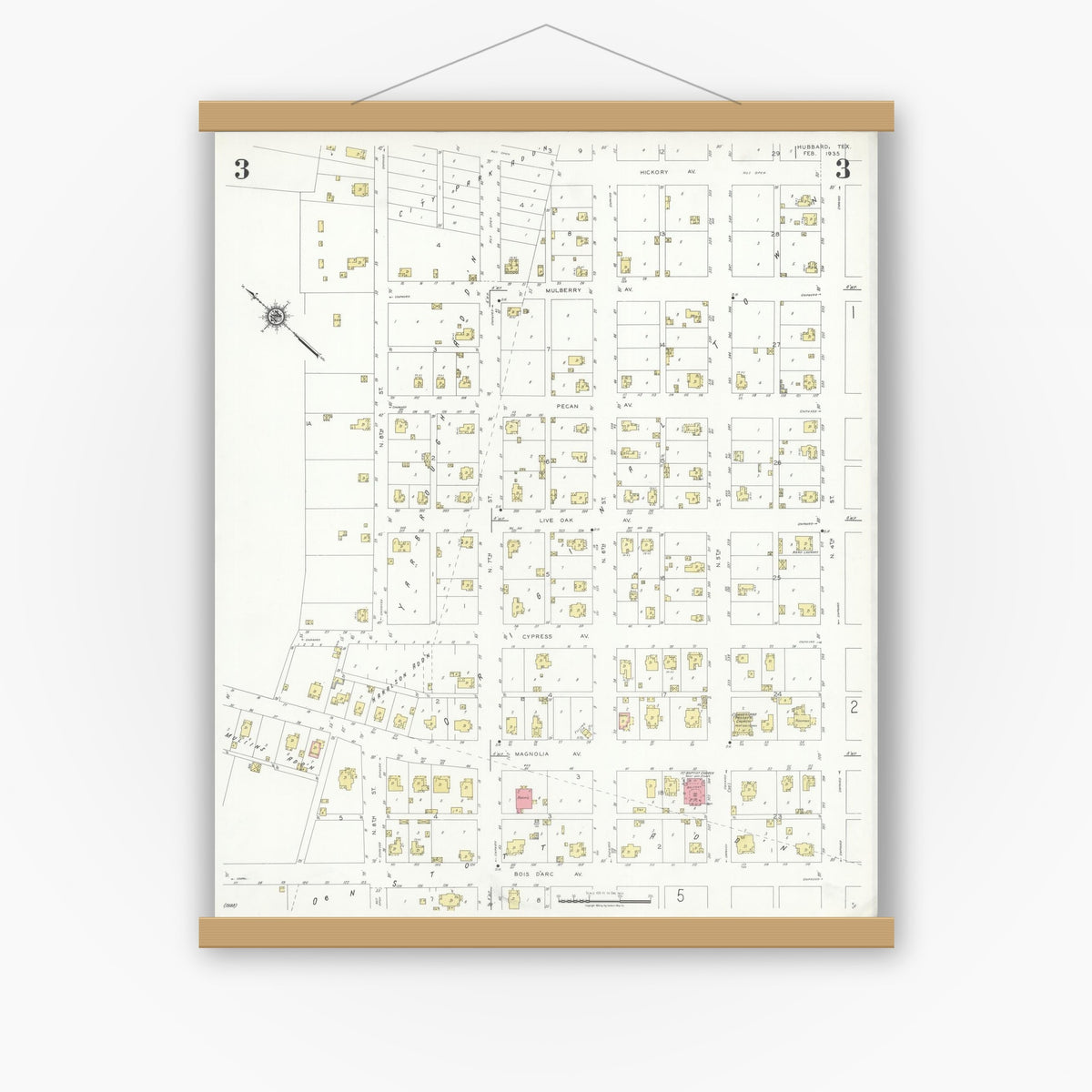 Old map wall art mockup — magnetic wood frame on white wall — Sanborn Fire Insurance Map from Hubbard, Hill County, Texas (1935), Sheet #0003