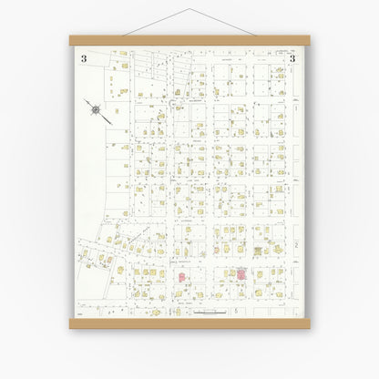 Old map wall art mockup — magnetic wood frame on white wall — Sanborn Fire Insurance Map from Hubbard, Hill County, Texas (1935), Sheet #0003