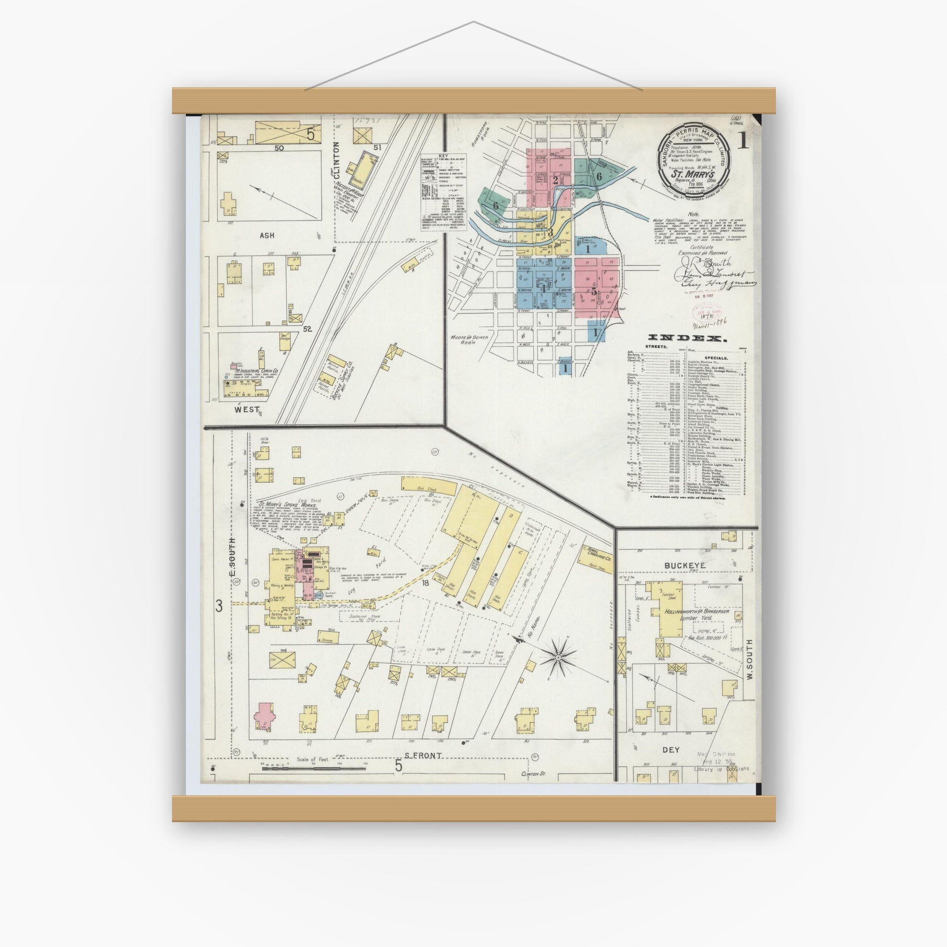 Old map wall art mockup — magnetic wood frame on white wall — Sanborn Fire Insurance Map from Saint Marys, Auglaize County, Ohio (1896) - Complete Map Set