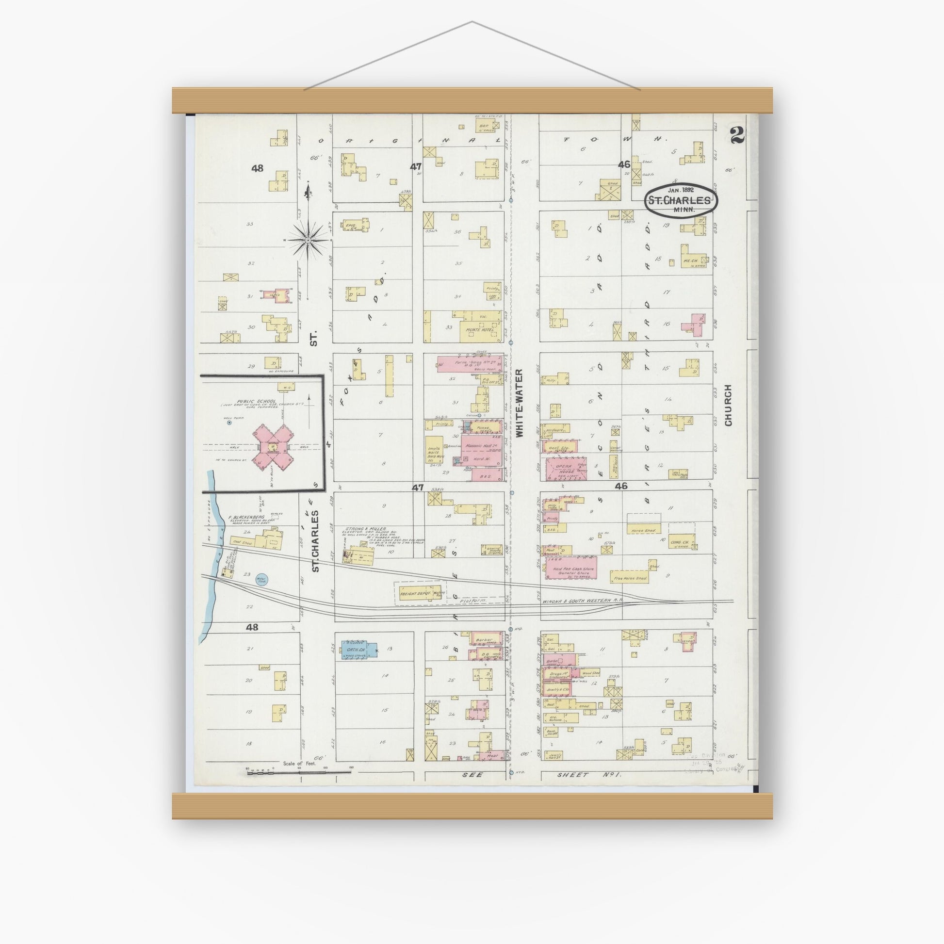 Old map wall art mockup — magnetic wood frame on white wall — Sanborn Fire Insurance Map from Saint Charles, Winona County, Minnesota (1892), Sheet #0002