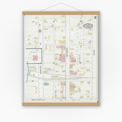Old map wall art mockup — magnetic wood frame on white wall — Sanborn Fire Insurance Map from Saint Charles, Winona County, Minnesota (1892), Sheet #0002