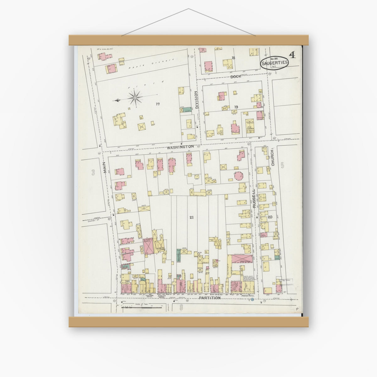 Old map wall art mockup — magnetic wood frame on white wall — Sanborn Fire Insurance Map from Saugerties, Ulster County, New York (1892), Sheet #0004