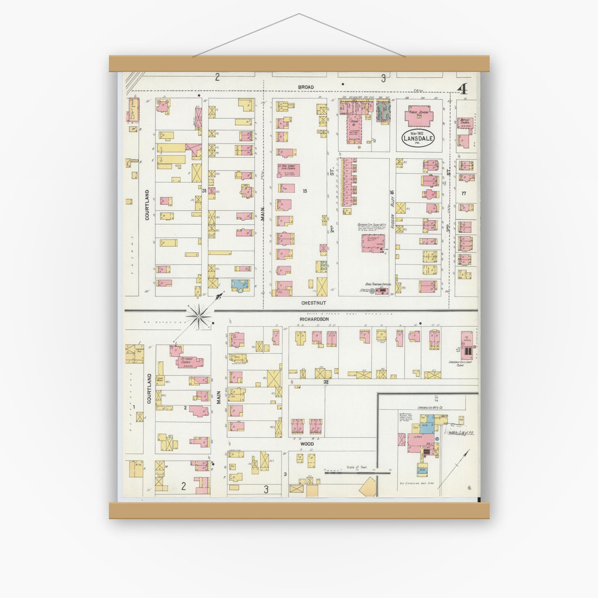 Old map wall art mockup — magnetic wood frame on white wall — Sanborn Fire Insurance Map from Lansdale, Montgomery County, Pennsylvania (1902), Sheet #0004