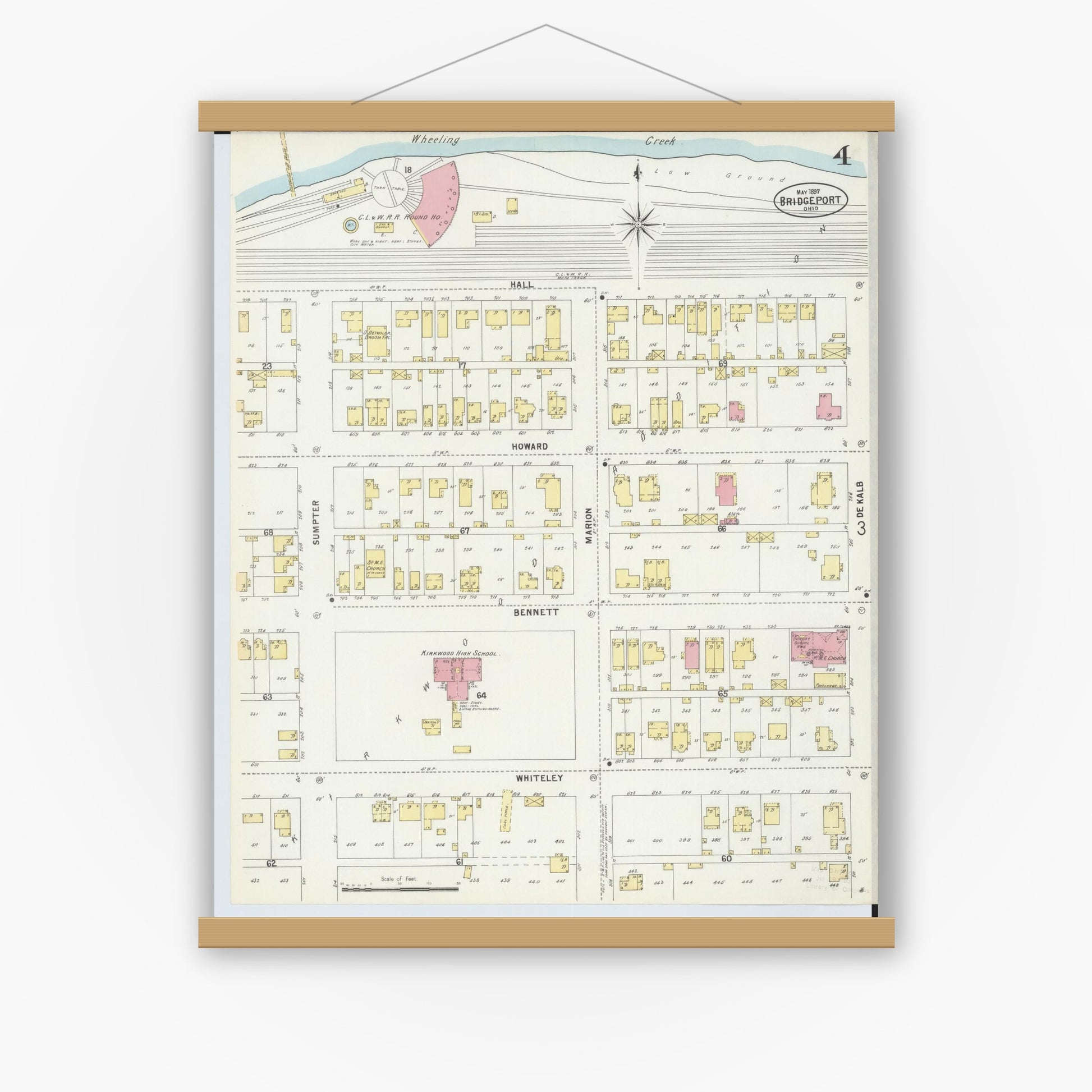 Old map wall art mockup — magnetic wood frame on white wall — Sanborn Fire Insurance Map from Bridgeport, Belmont County, Ohio (1897), Sheet #0004