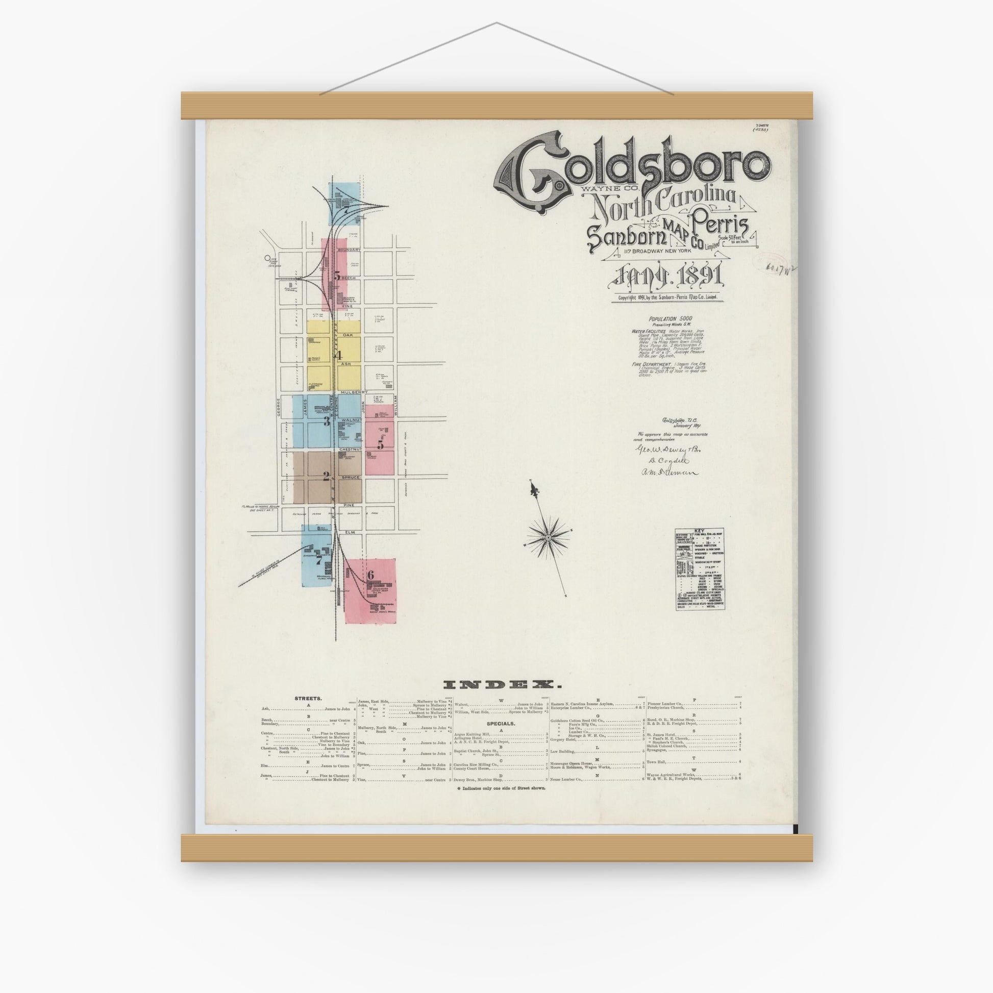 Old map wall art mockup — magnetic wood frame on white wall — Sanborn Fire Insurance Map from Goldsboro, Wayne County, North Carolina (1891), Sheet #0001
