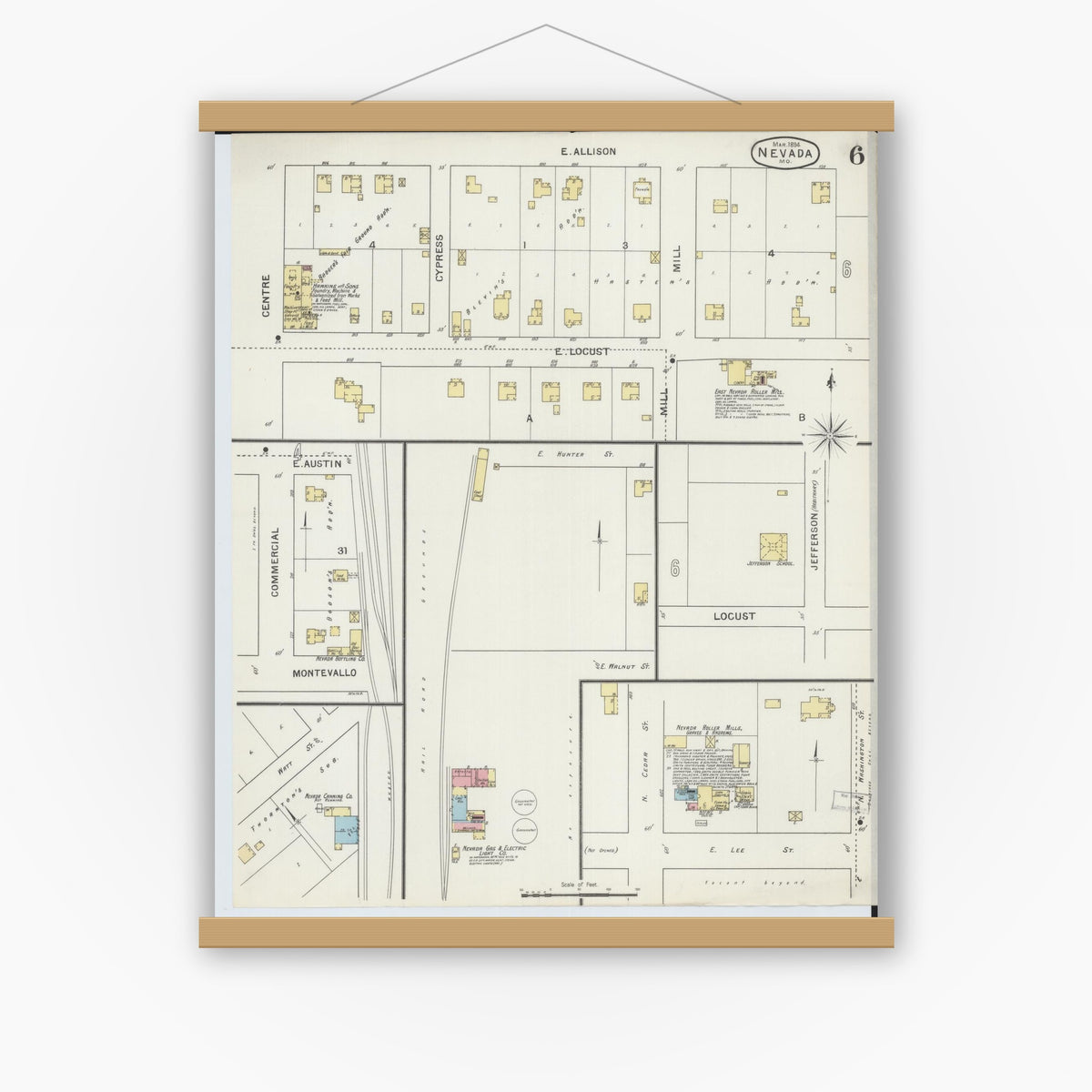 Old map wall art mockup — magnetic wood frame on white wall — Sanborn Fire Insurance Map from Nevada, Vernon County, Missouri (1894), Sheet #0006