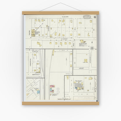 Old map wall art mockup — magnetic wood frame on white wall — Sanborn Fire Insurance Map from Nevada, Vernon County, Missouri (1894), Sheet #0006