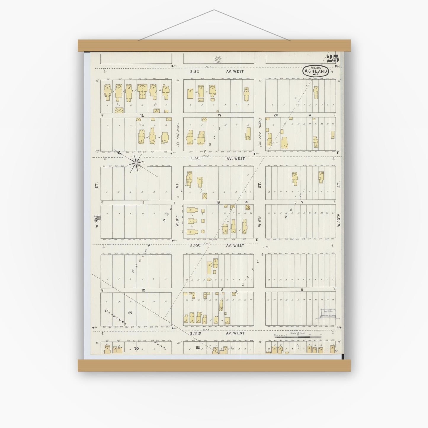 Old map wall art mockup — magnetic wood frame on white wall — Sanborn Fire Insurance Map from Ashland, Ashland County, Wisconsin (1895), Sheet #0025