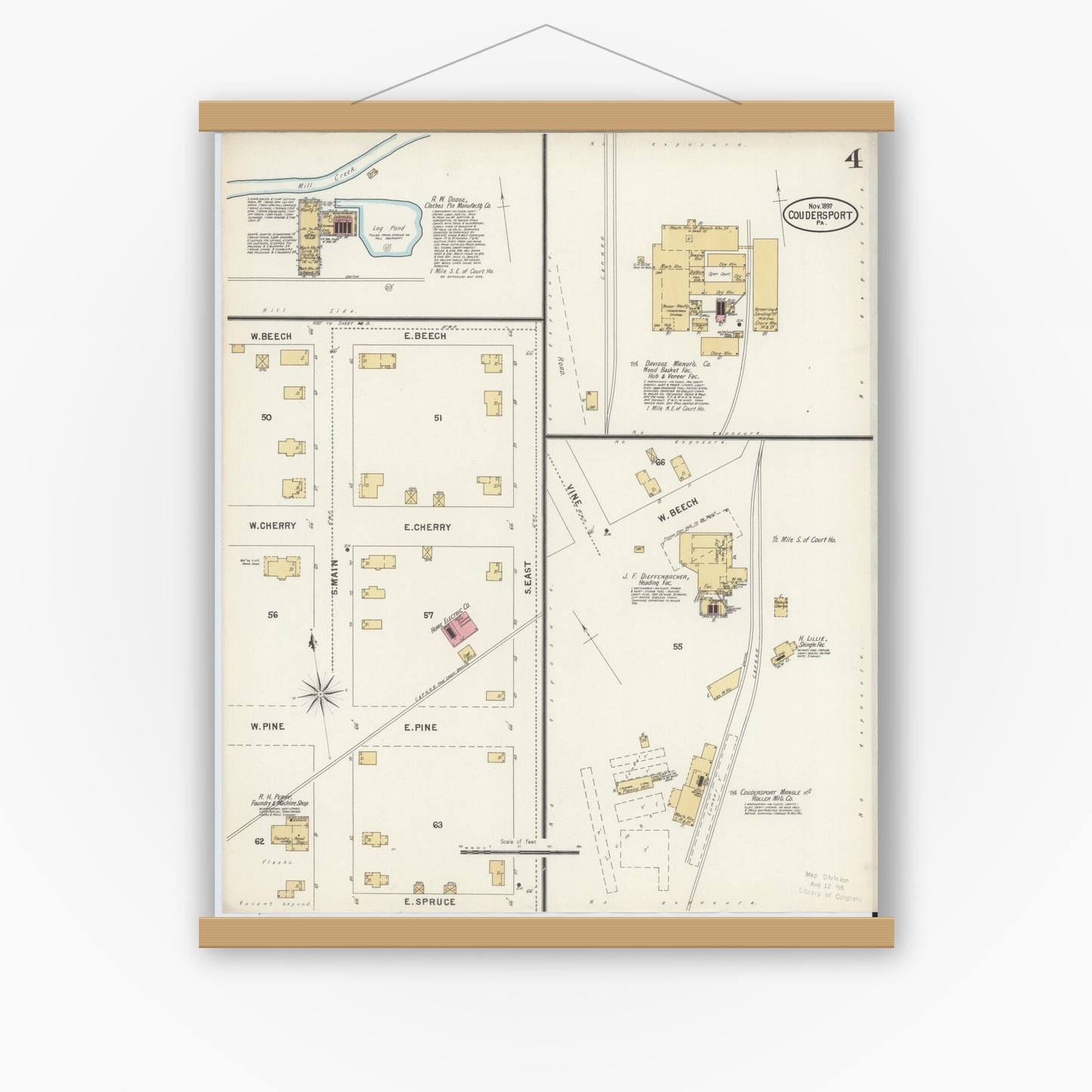 Old map wall art mockup — magnetic wood frame on white wall — Sanborn Fire Insurance Map from Coudersport, Potter County, Pennsylvania (1897), Sheet #0004