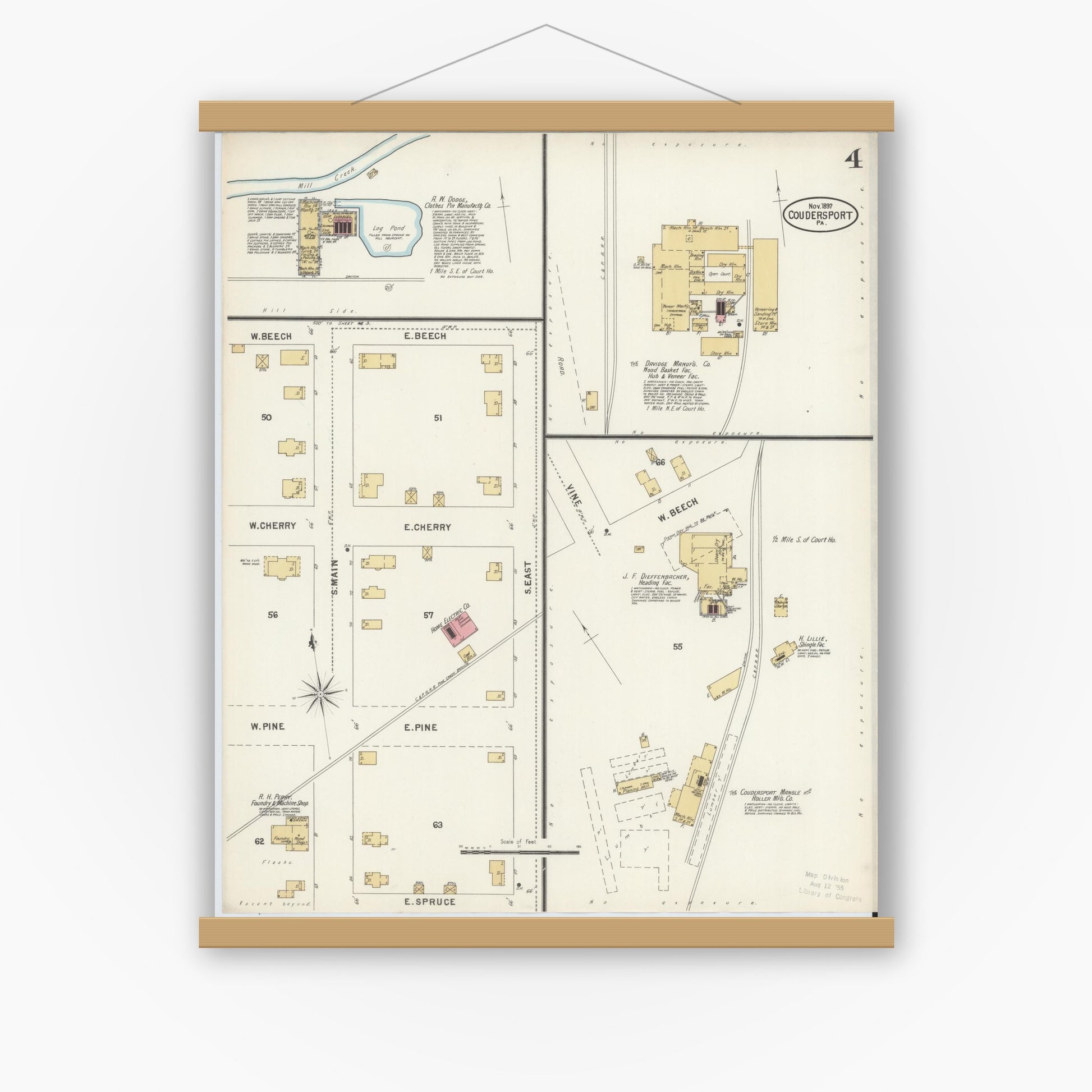 Old map wall art mockup — magnetic wood frame on white wall — Sanborn Fire Insurance Map from Coudersport, Potter County, Pennsylvania (1897), Sheet #0004