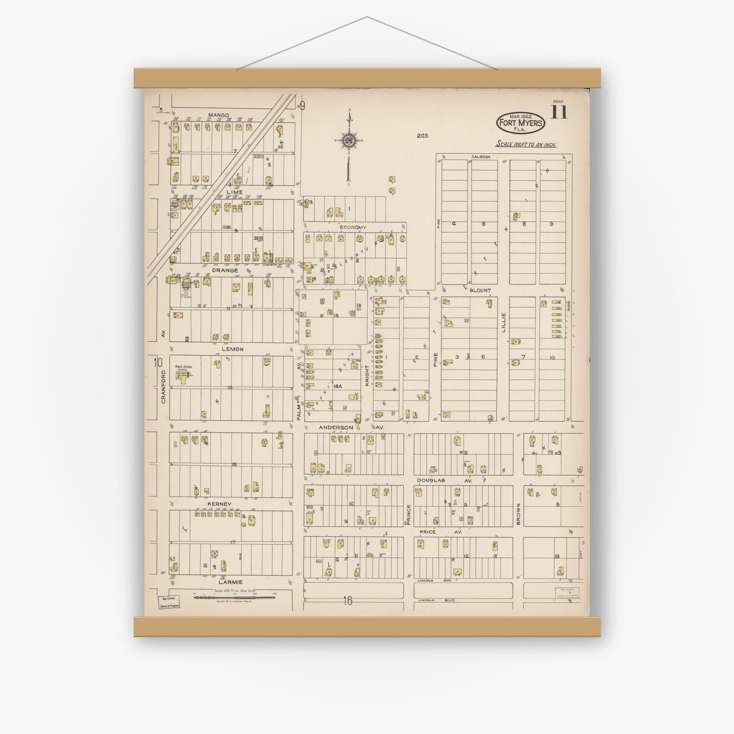 Old map wall art mockup — magnetic wood frame on white wall — Sanborn Fire Insurance Map from Fort Myers, Lee County, Florida (1922), Sheet #0011