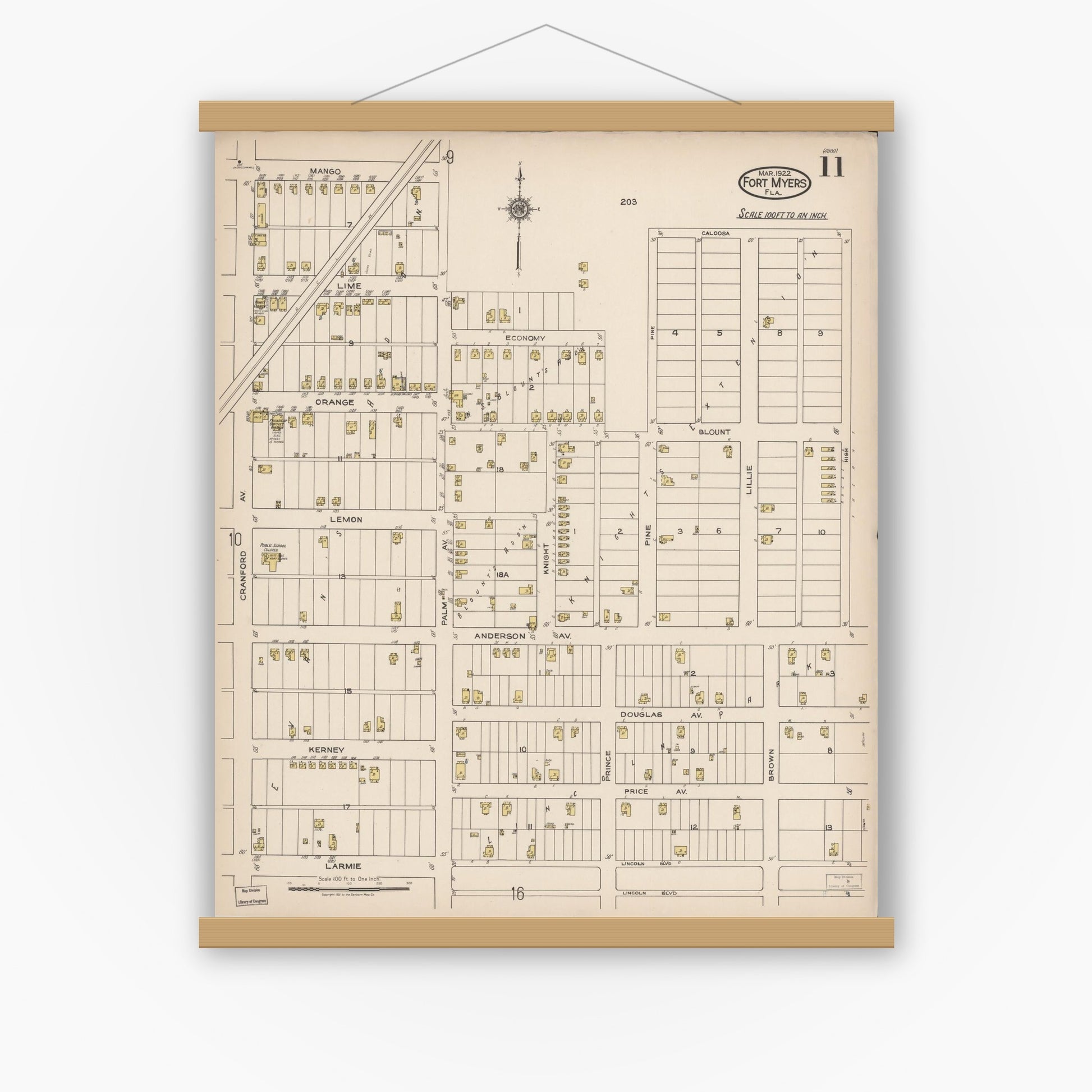 Old map wall art mockup — magnetic wood frame on white wall — Sanborn Fire Insurance Map from Fort Myers, Lee County, Florida (1922), Sheet #0011