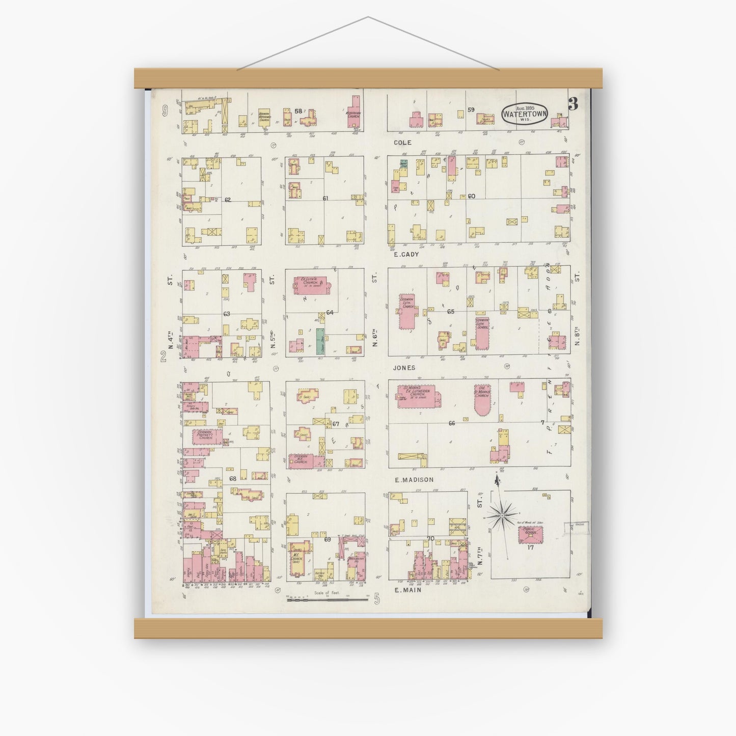 Old map wall art mockup — magnetic wood frame on white wall — Sanborn Fire Insurance Map from Watertown, Jefferson County, Wisconsin (1895), Sheet #0003