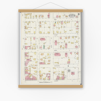 Old map wall art mockup — magnetic wood frame on white wall — Sanborn Fire Insurance Map from Watertown, Jefferson County, Wisconsin (1895), Sheet #0003