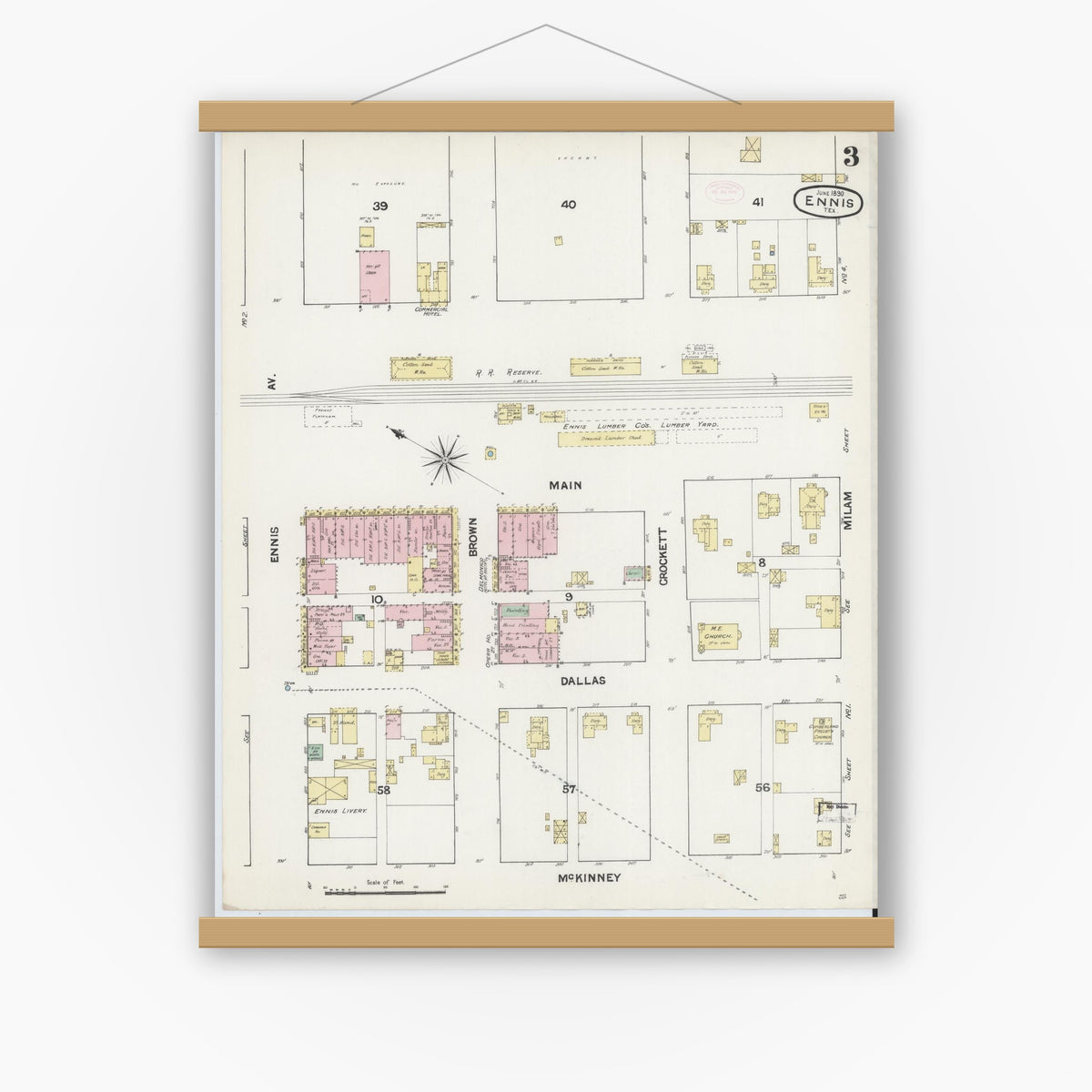 Old map wall art mockup — magnetic wood frame on white wall — Sanborn Fire Insurance Map from Ennis, Ellis County, Texas (1890), Sheet #0003