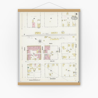 Old map wall art mockup — magnetic wood frame on white wall — Sanborn Fire Insurance Map from Ennis, Ellis County, Texas (1890), Sheet #0003