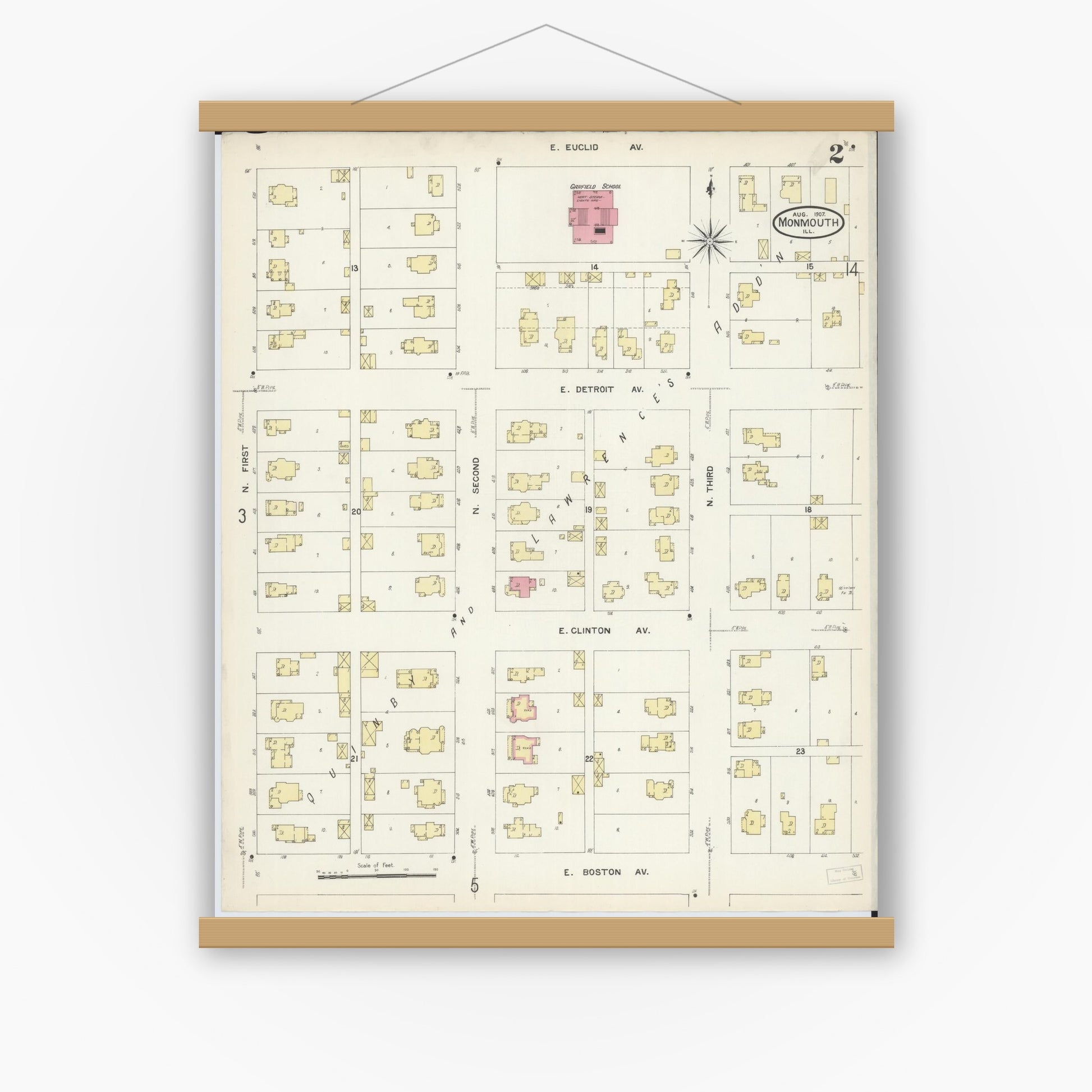 Old map wall art mockup — magnetic wood frame on white wall — Sanborn Fire Insurance Map from Monmouth, Warren County, Illinois (1907), Sheet #0002