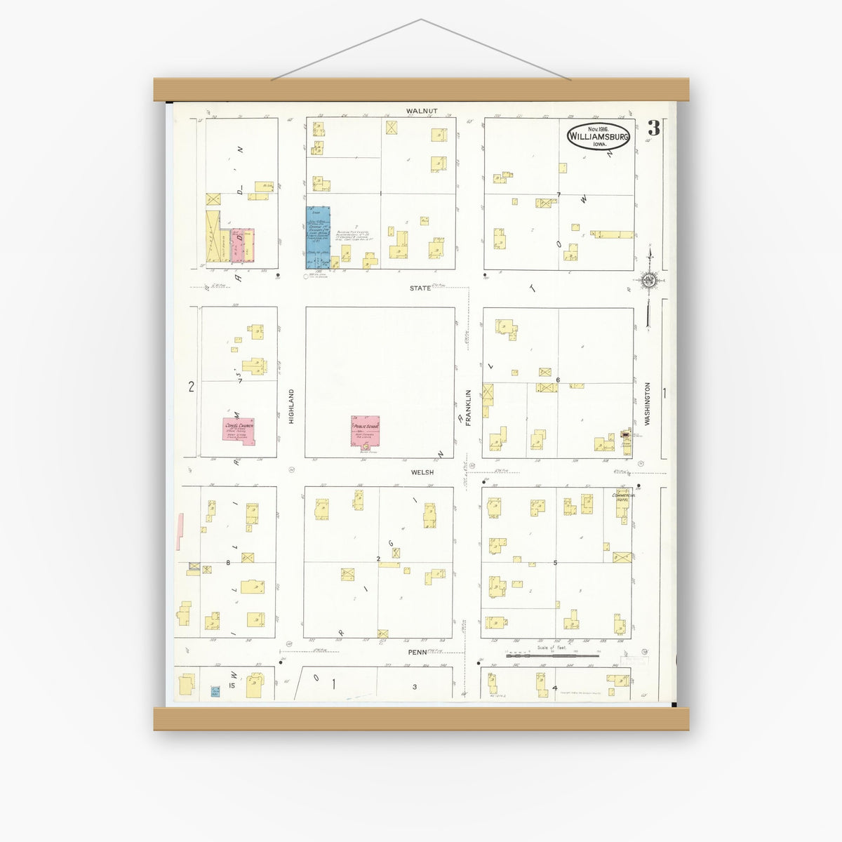 Old map wall art mockup — magnetic wood frame on white wall — Sanborn Fire Insurance Map from Williamsburg, Iowa County, Iowa (1916), Sheet #0003