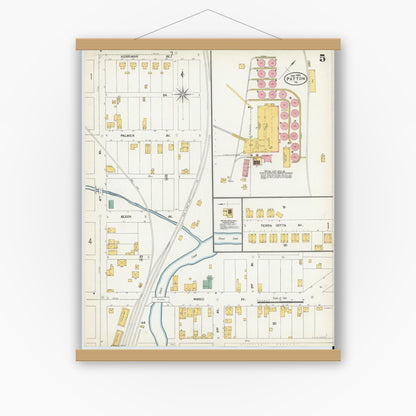 Old map wall art mockup — magnetic wood frame on white wall — Sanborn Fire Insurance Map from Patton, Cambria County, Pennsylvania (1903), Sheet #0005