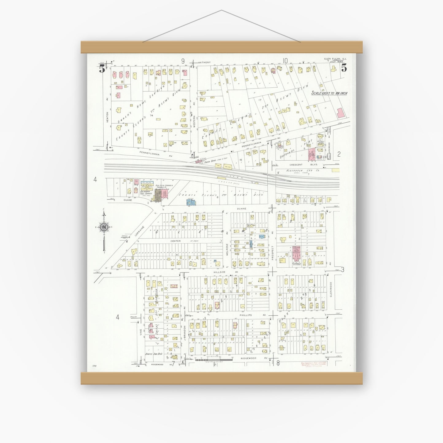 Old map wall art mockup — magnetic wood frame on white wall — Sanborn Fire Insurance Map from Glen Ellyn, Du Page County, Illinois (1940), Sheet #0005