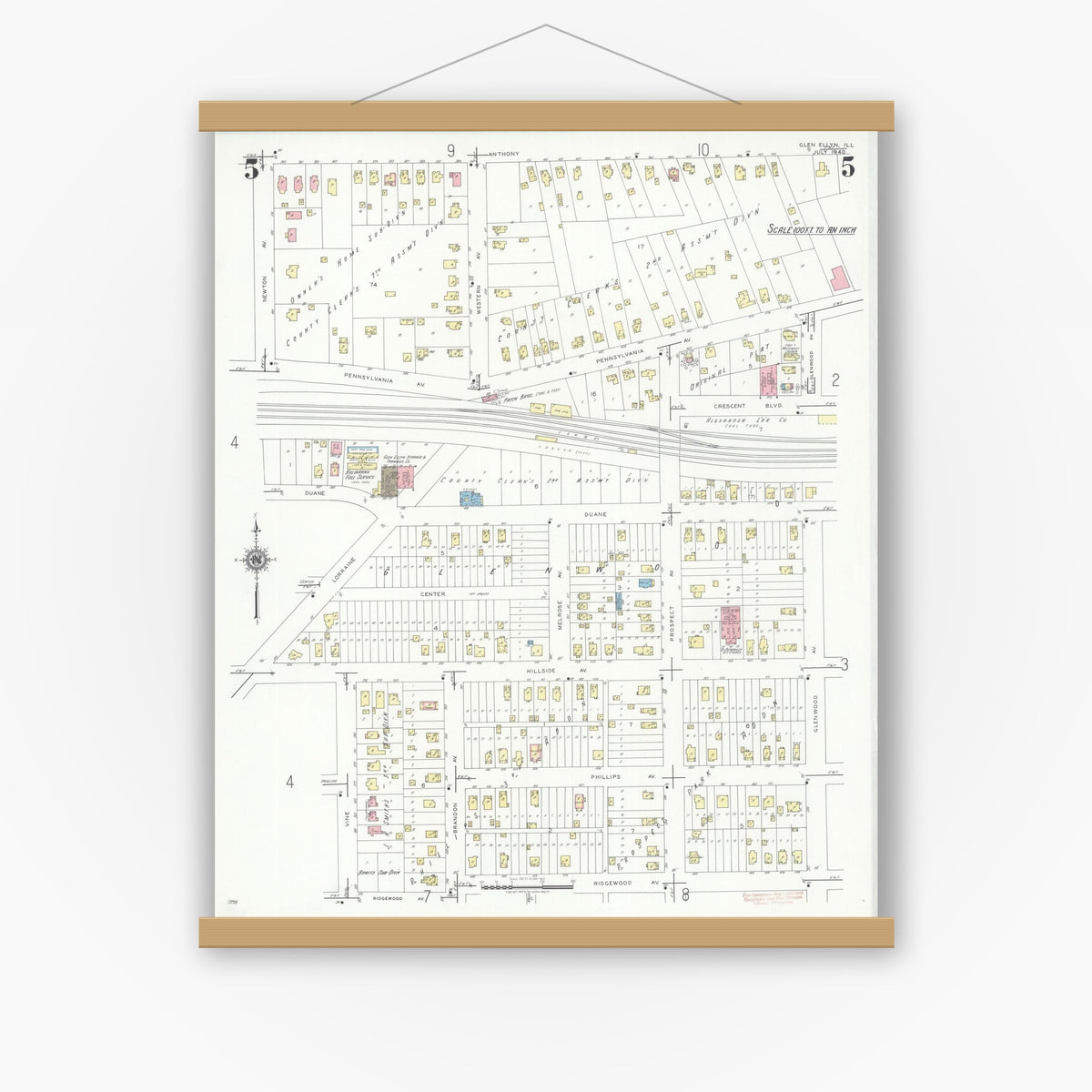 Old map wall art mockup — magnetic wood frame on white wall — Sanborn Fire Insurance Map from Glen Ellyn, Du Page County, Illinois (1940), Sheet #0005