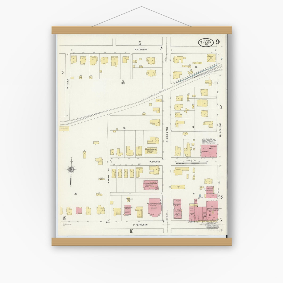 Old map wall art mockup — magnetic wood frame on white wall — Sanborn Fire Insurance Map from Tyler, Smith County, Texas (1912), Sheet #0009