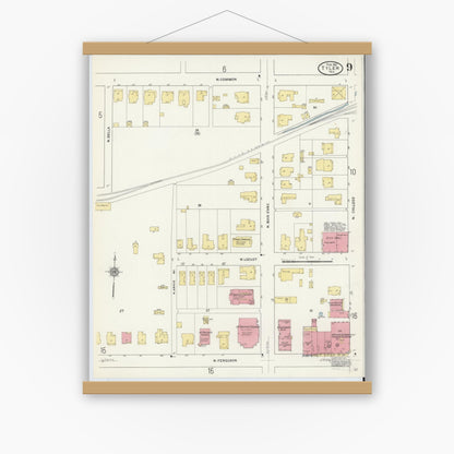Old map wall art mockup — magnetic wood frame on white wall — Sanborn Fire Insurance Map from Tyler, Smith County, Texas (1912), Sheet #0009