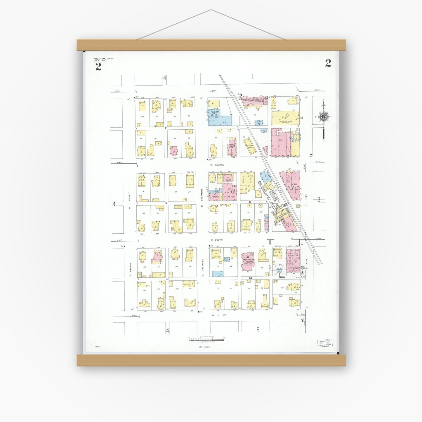 Old map wall art mockup — magnetic wood frame on white wall — Sanborn Fire Insurance Map from Arcanum, Darke County, Ohio (1951), Sheet #0002
