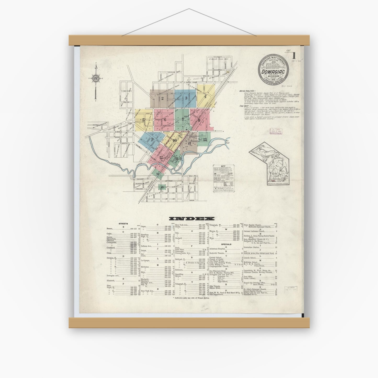 Old map wall art mockup — magnetic wood frame on white wall — Sanborn Fire Insurance Map from Dowagiac, Cass County, Michigan (1913) - Complete Map Set