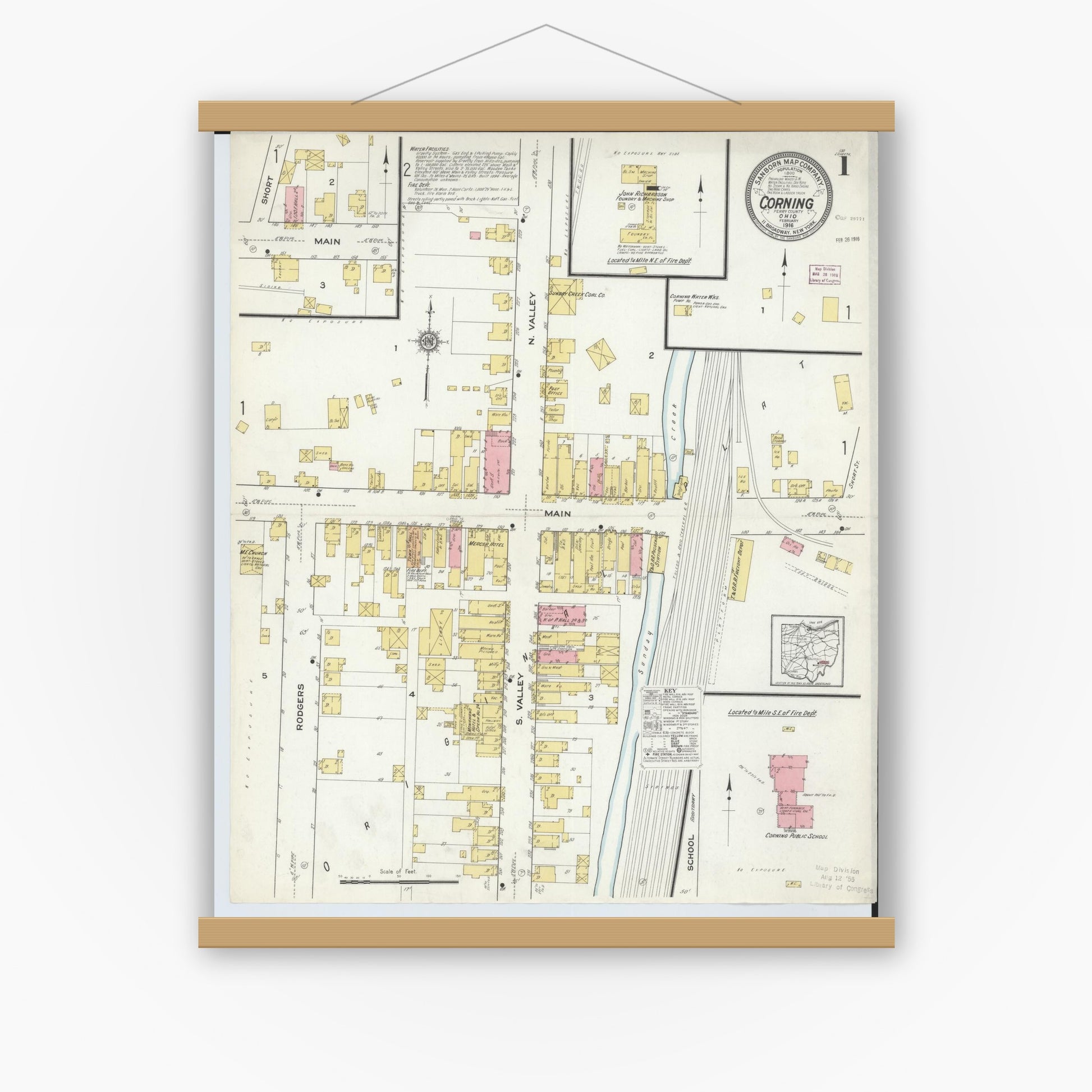 Old map wall art mockup — magnetic wood frame on white wall — Sanborn Fire Insurance Map from Corning, Perry County, Ohio (1916), Sheet #0001