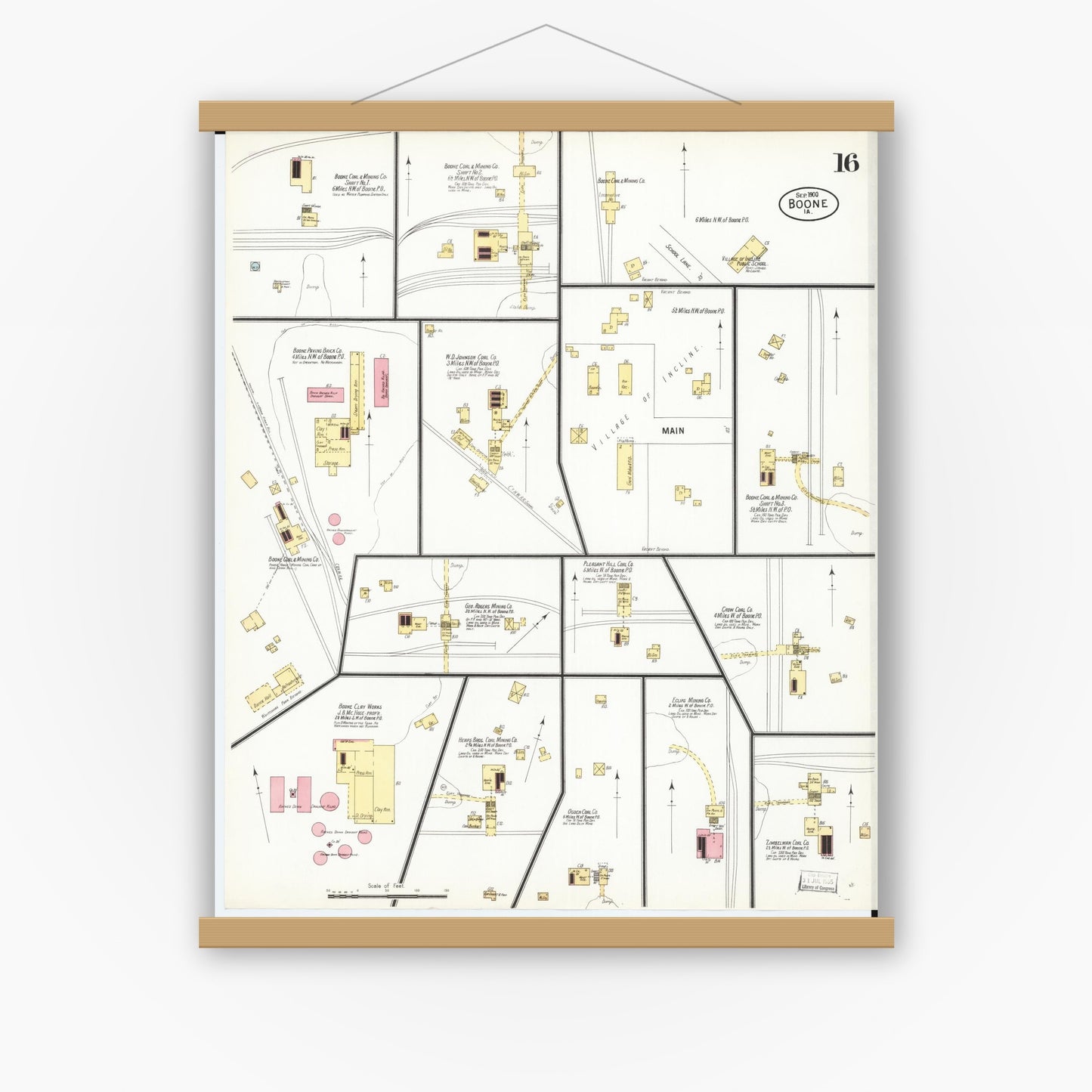 Old map wall art mockup — magnetic wood frame on white wall — Sanborn Fire Insurance Map from Boone, Boone County, Iowa (1900), Sheet #0016