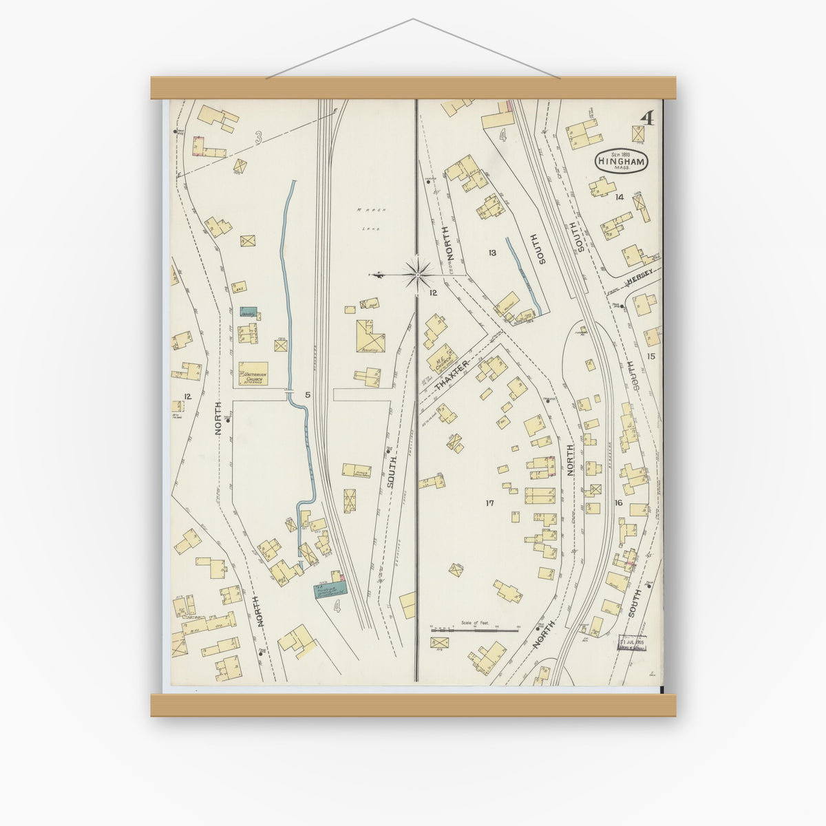 Old map wall art mockup — magnetic wood frame on white wall — Sanborn Fire Insurance Map from Hingham, Plymouth County, Massachusetts (1893), Sheet #0004