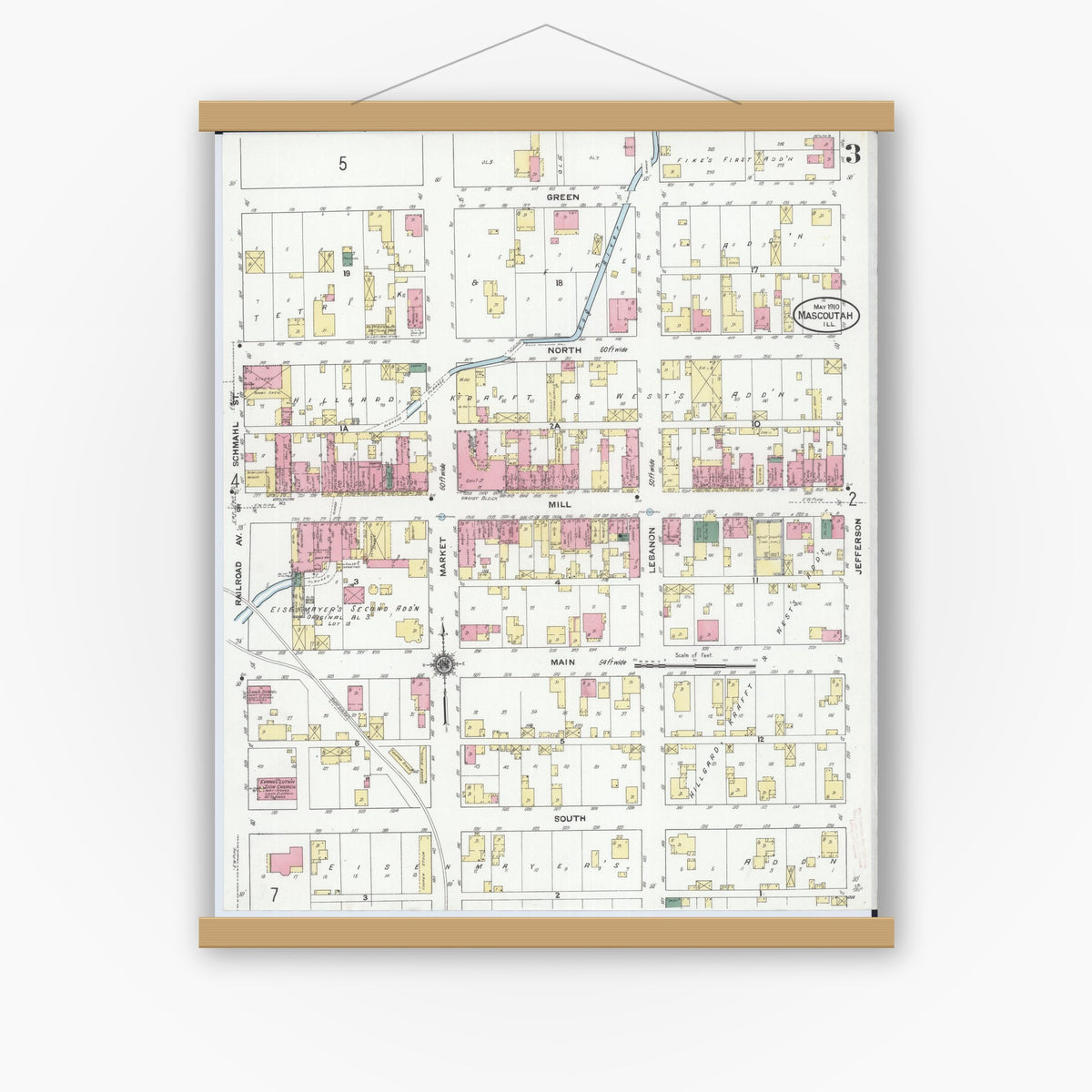 Old map wall art mockup — magnetic wood frame on white wall — Sanborn Fire Insurance Map from Mascoutah, Saint Clair County, Illinois (1910), Sheet #0003