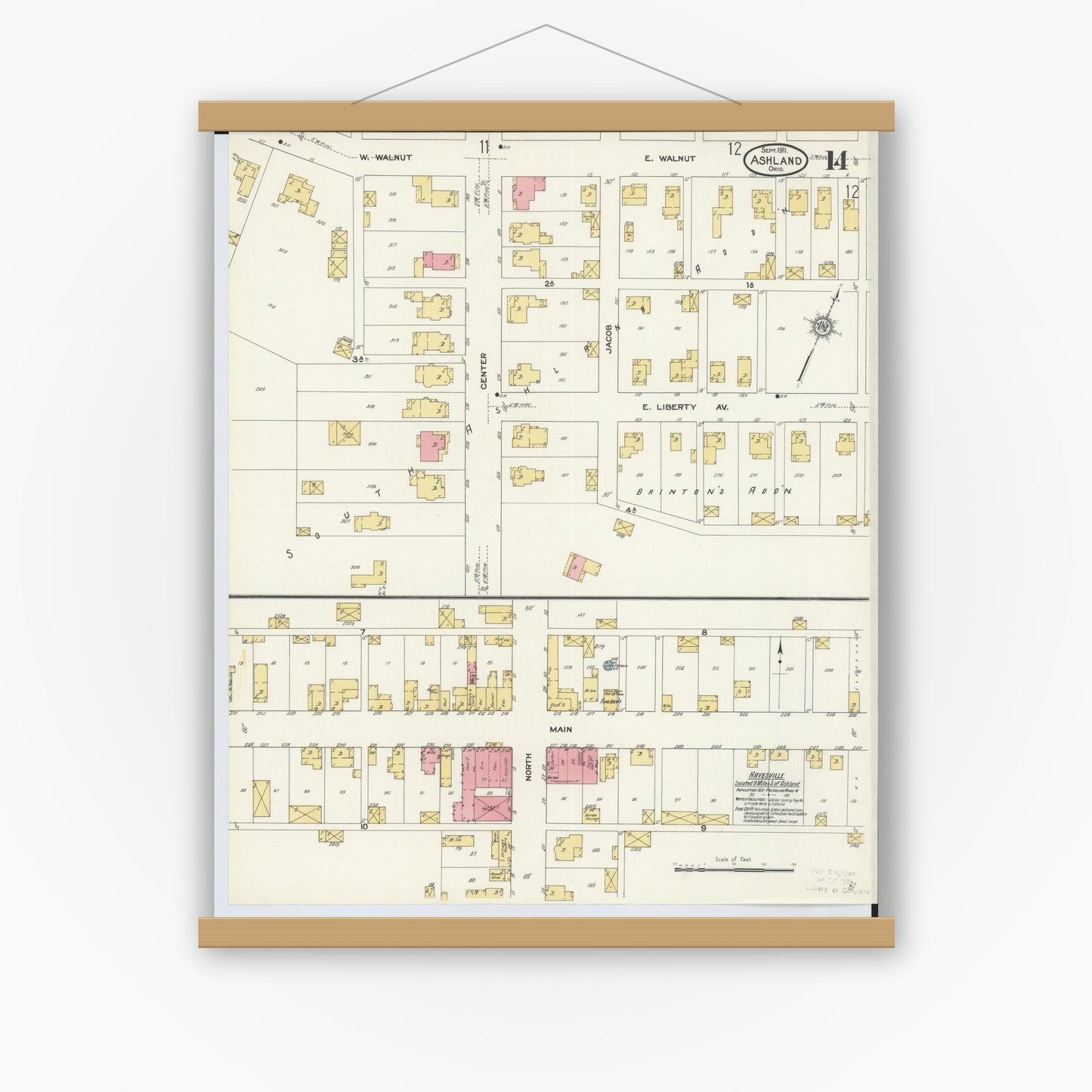 Old map wall art mockup — magnetic wood frame on white wall — Sanborn Fire Insurance Map from Ashland, Ashland County, Ohio (1911), Sheet #0014